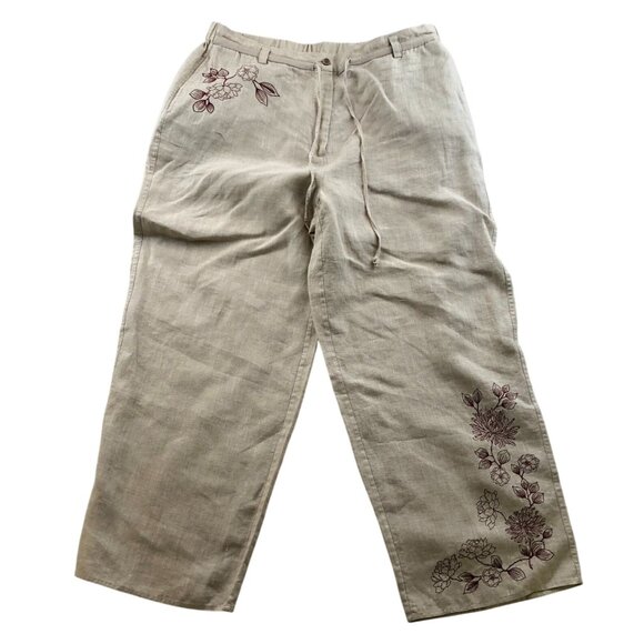 Kate Hill Women's 100% Linen Pants Large Floral Embroidered Casual Wide Leg Beig - Picture 1 of 12